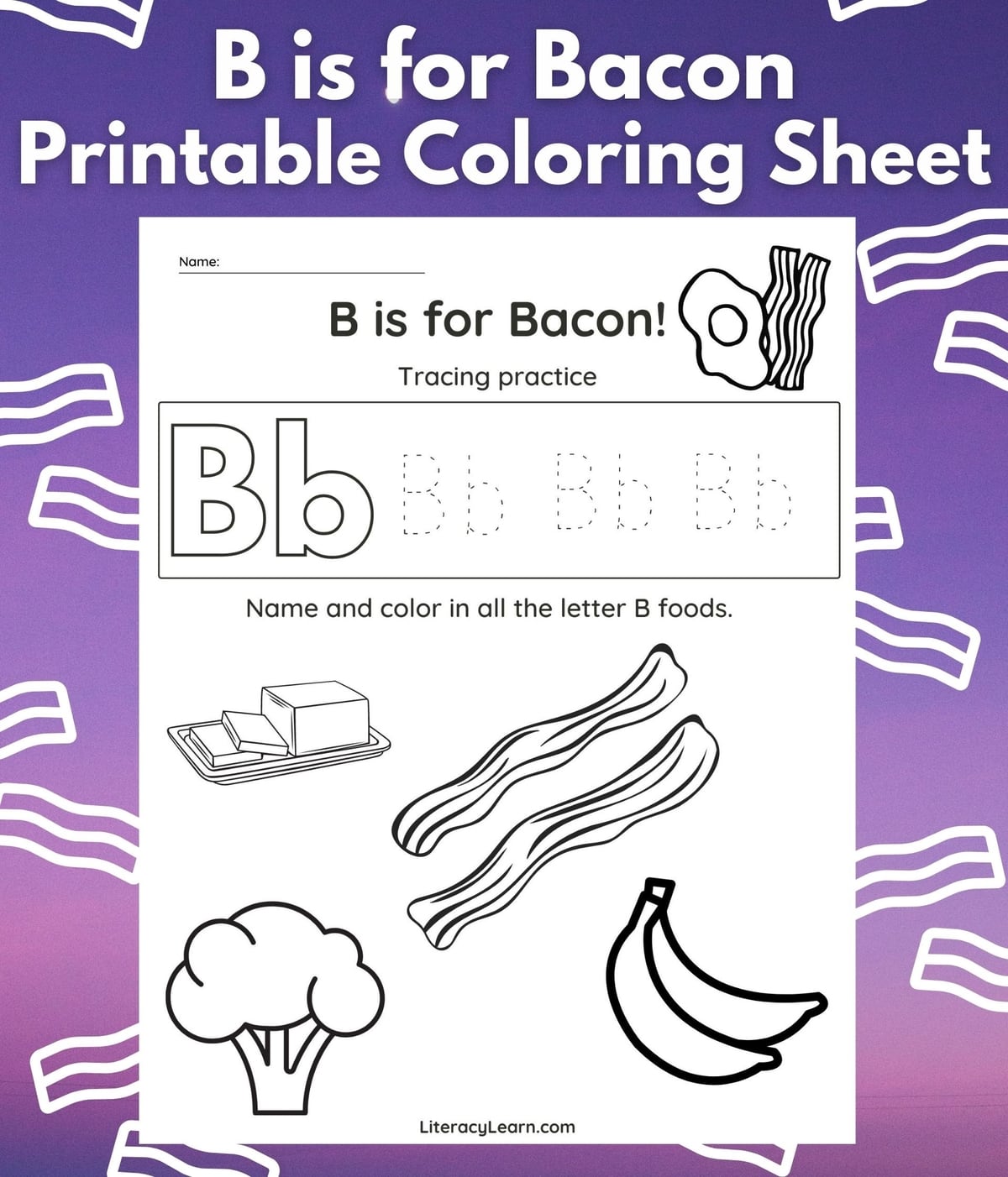 B is for bacon printable coloring worksheet