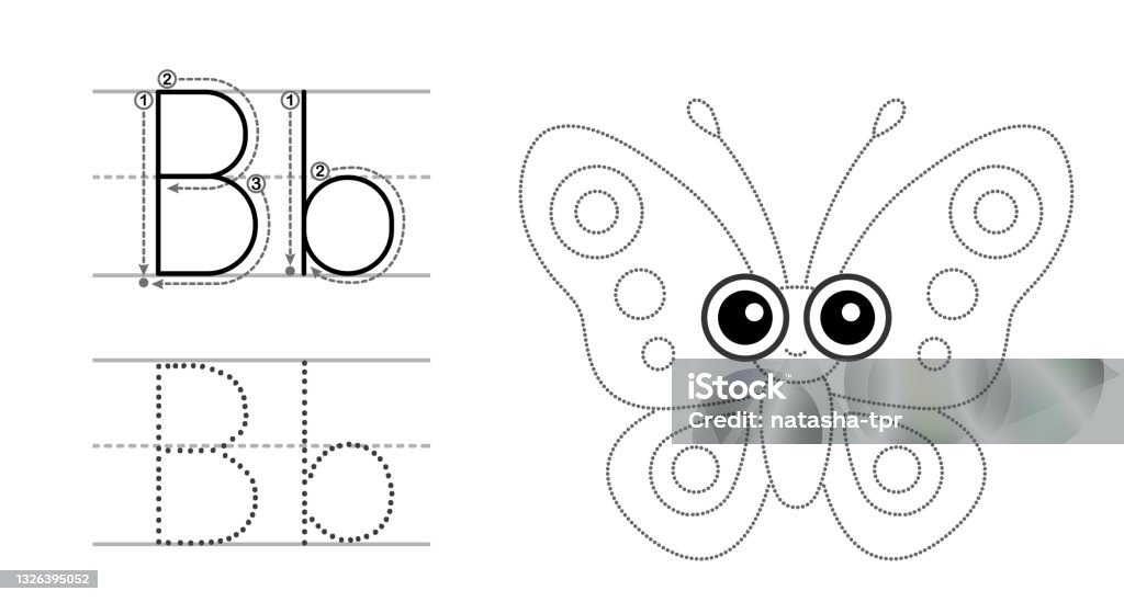 Trace the letter and picture and color it educational children tracing game coloring alphabet letter b and funny cartoon butterfly stock illustration
