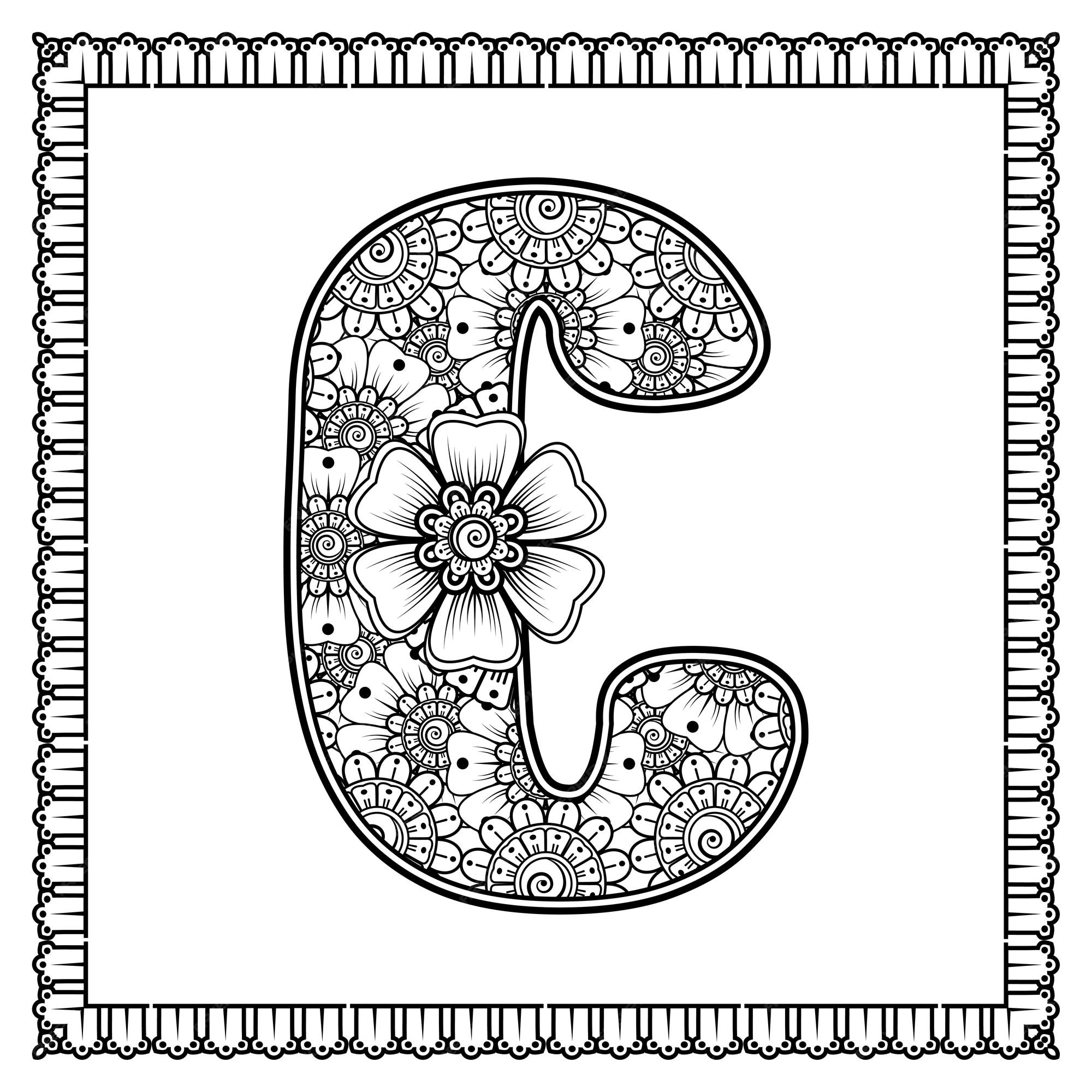 Premium vector letter c made of flowers in mehndi style coloring book page outline handdraw vector illustration