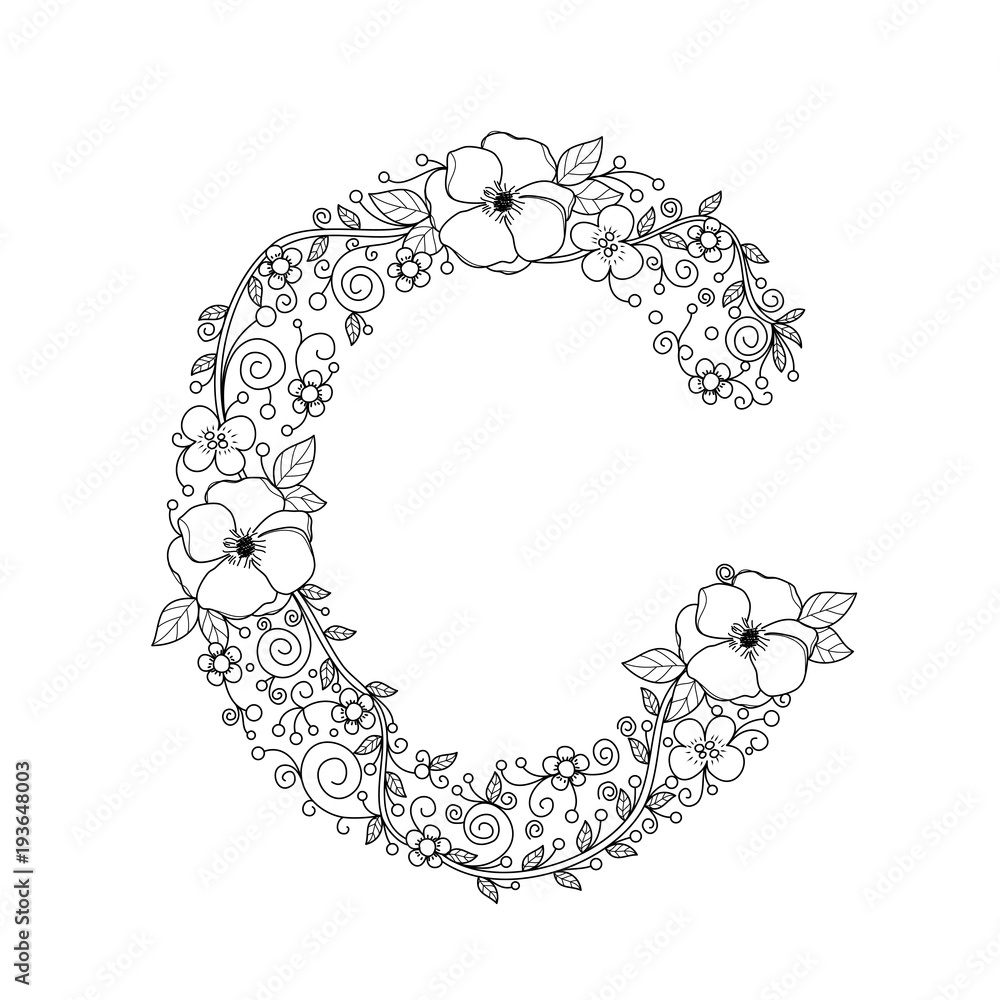 Floral alphabet letter c coloring book for adults vector illustrationhand drawndoodle style vector