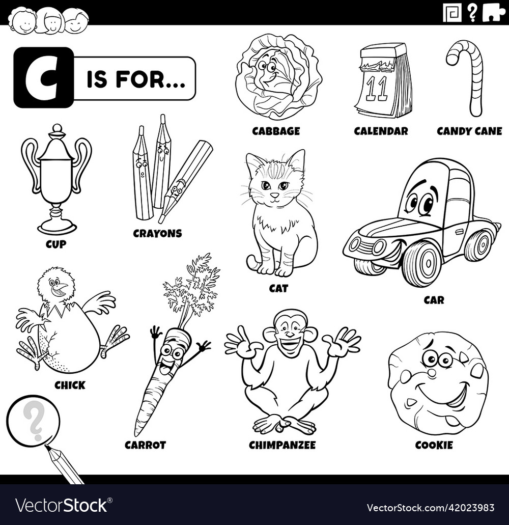 Letter c words educational set coloring book page vector image