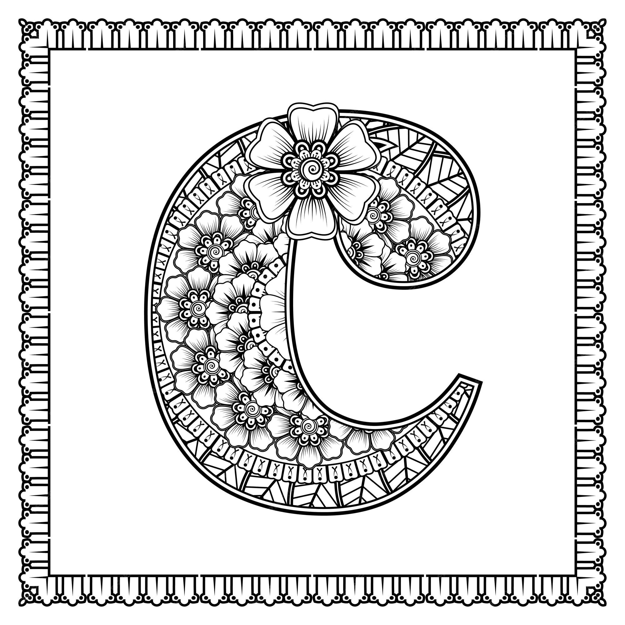 Premium vector letter c made of flowers in mehndi style coloring book page outline handdraw vector illustration