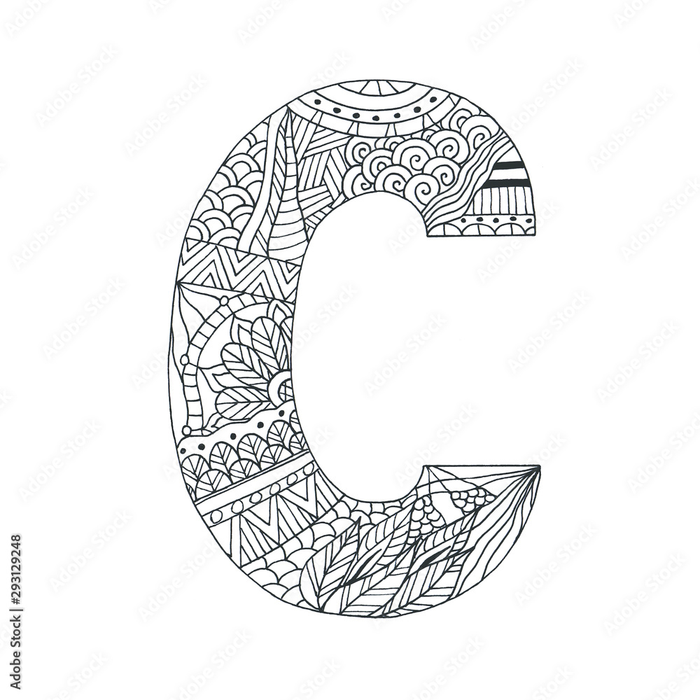 Coloring page letter c for children and adults antistress book one of the series of coloring alphabet outline drawing with patterns and details raster format