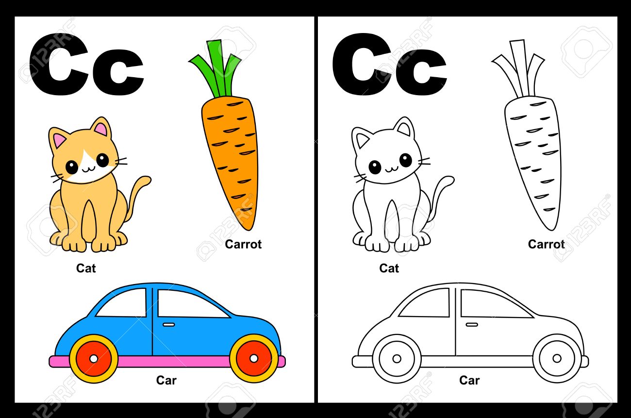 Kids alphabet coloring book page with outlined clip arts to color letter c royalty free svg cliparts vectors and stock illustration image
