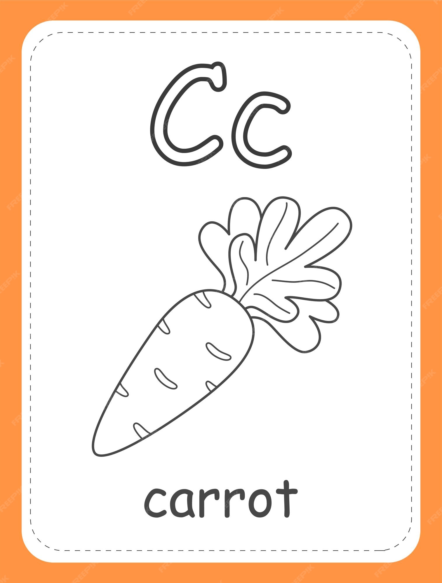 Premium vector alphabet coloring book card for children with the letter c and a carrot word carrot english alphabet