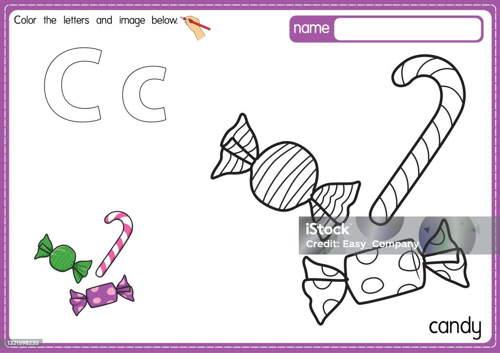 Vector illustration of kids alphabet coloring book page with outlined clip art to color letter c for candy stock illustration
