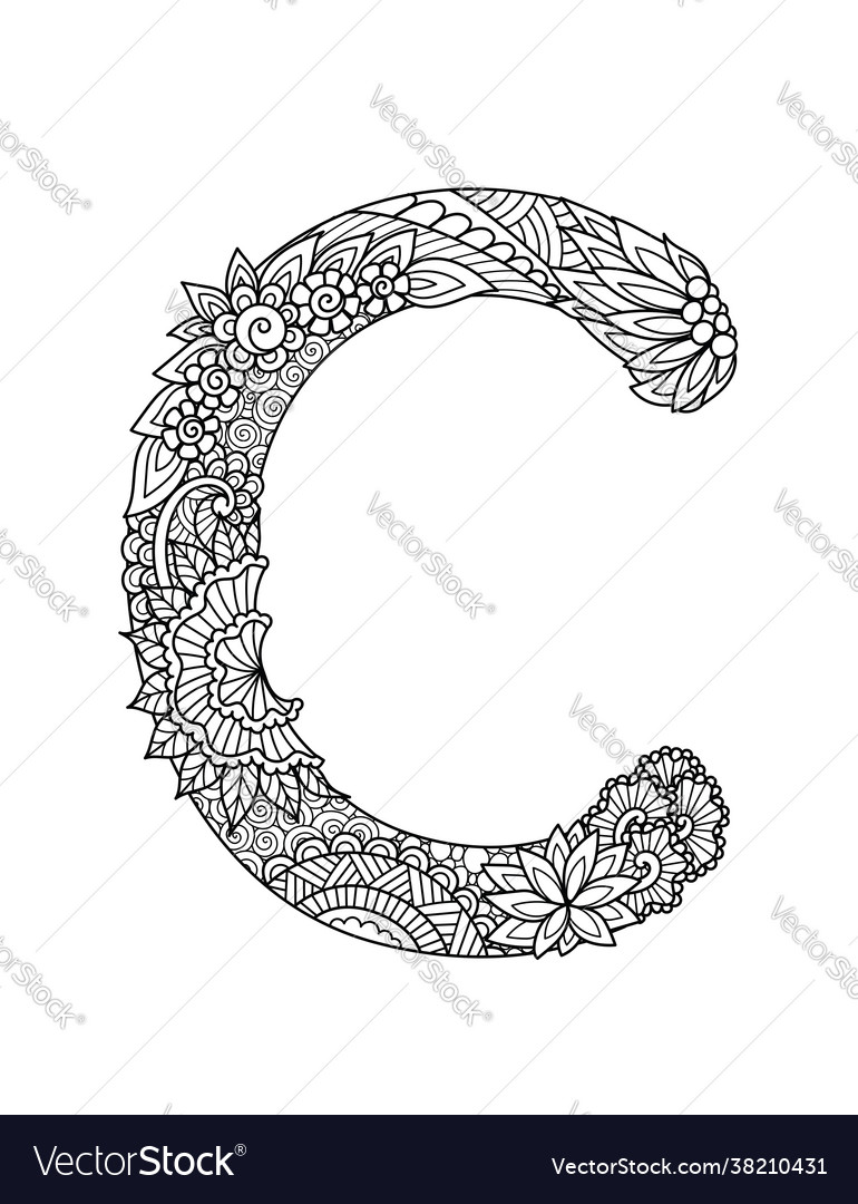 Mandala letter c monogram adult coloring book vector image