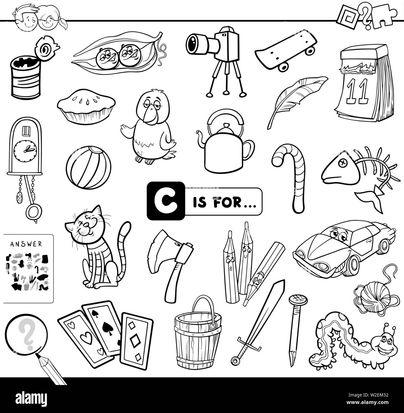 Black and white cartoon illustration of finding picture starting with letter c educational game worksheet for children coloring book stock vector image art