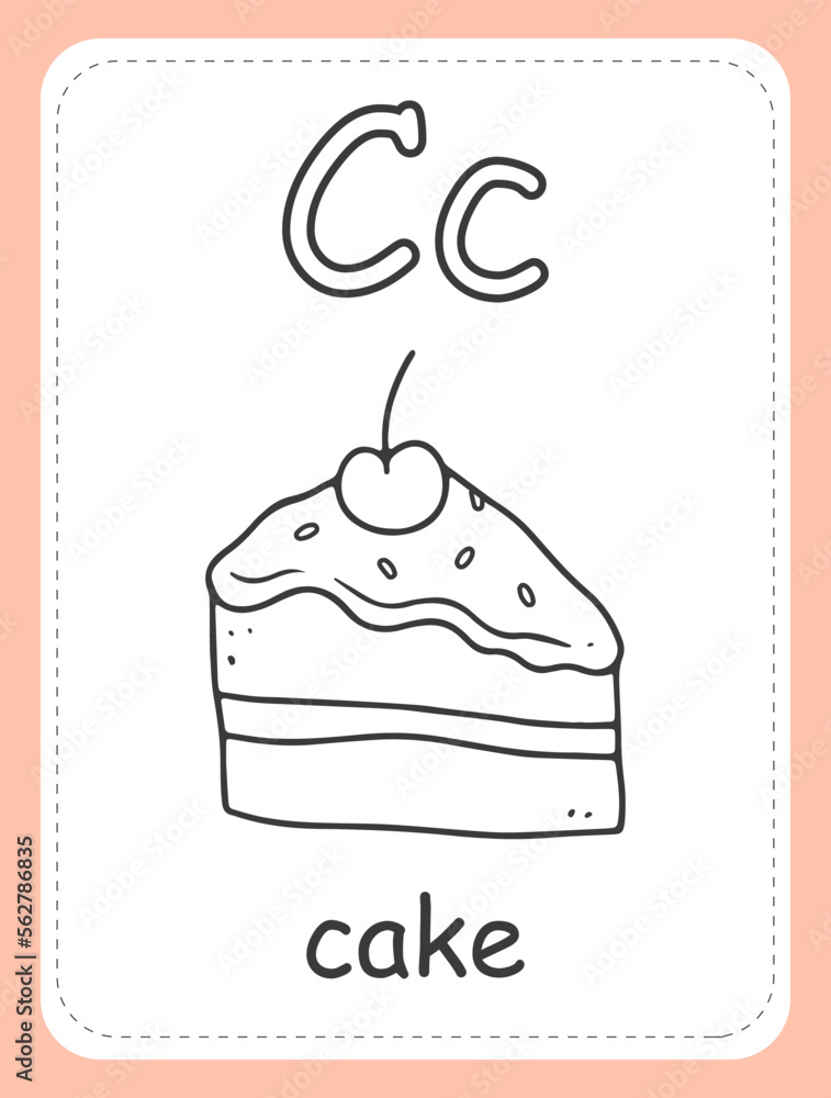 Alphabet coloring book card for children with the letter c and piece of cake educational card for kids the word cake the english alphabet vector illustration vector