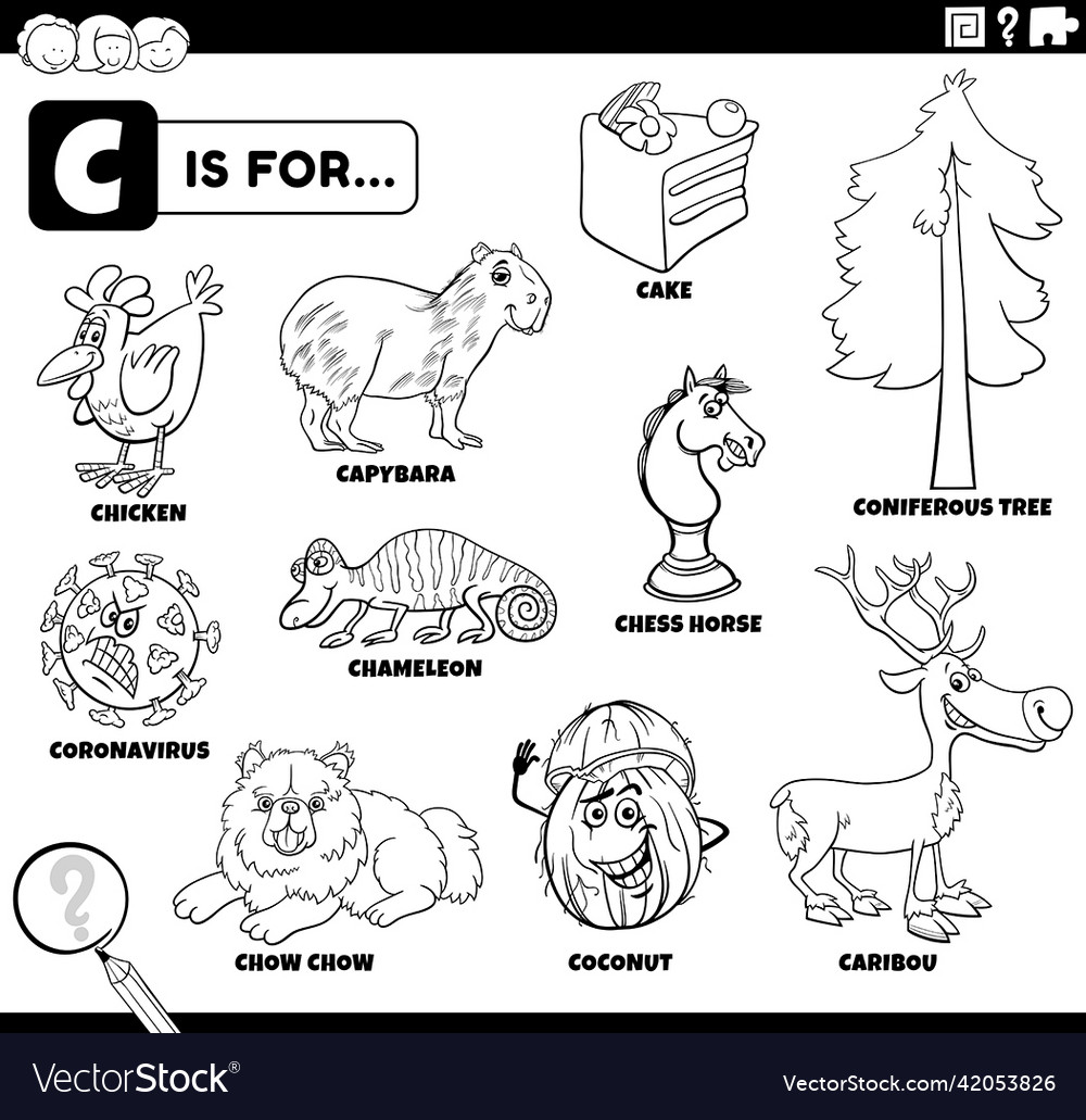 Letter c words educational set coloring book page vector image