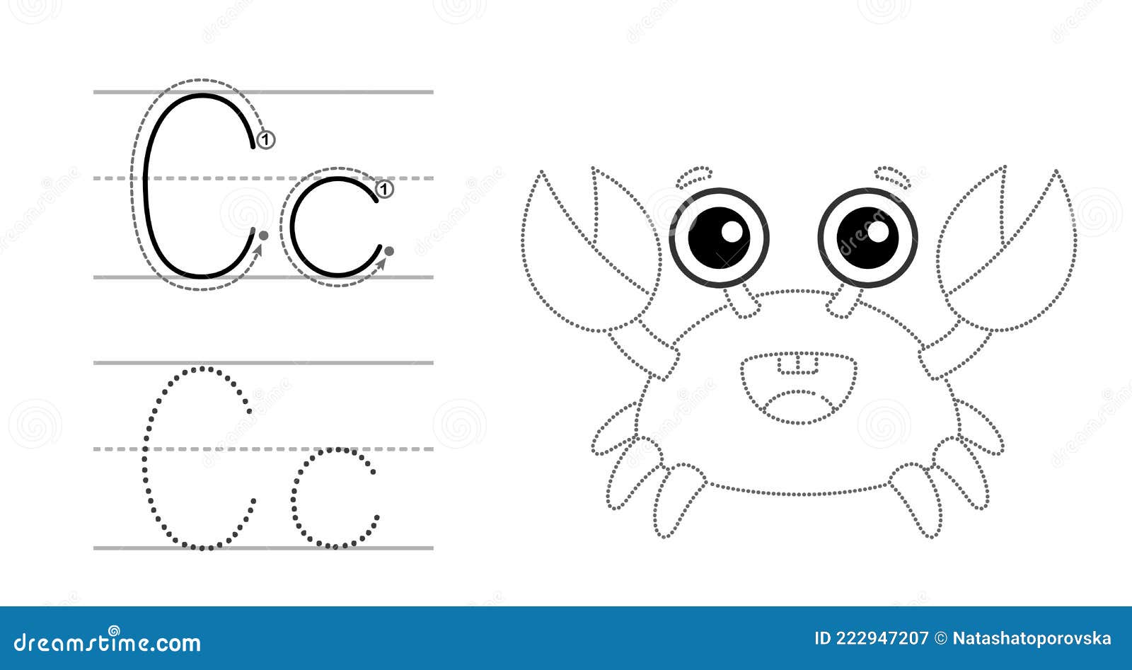 Trace the letter and picture and color it educational children tracing game coloring alphabet letter c and funny crab stock vector