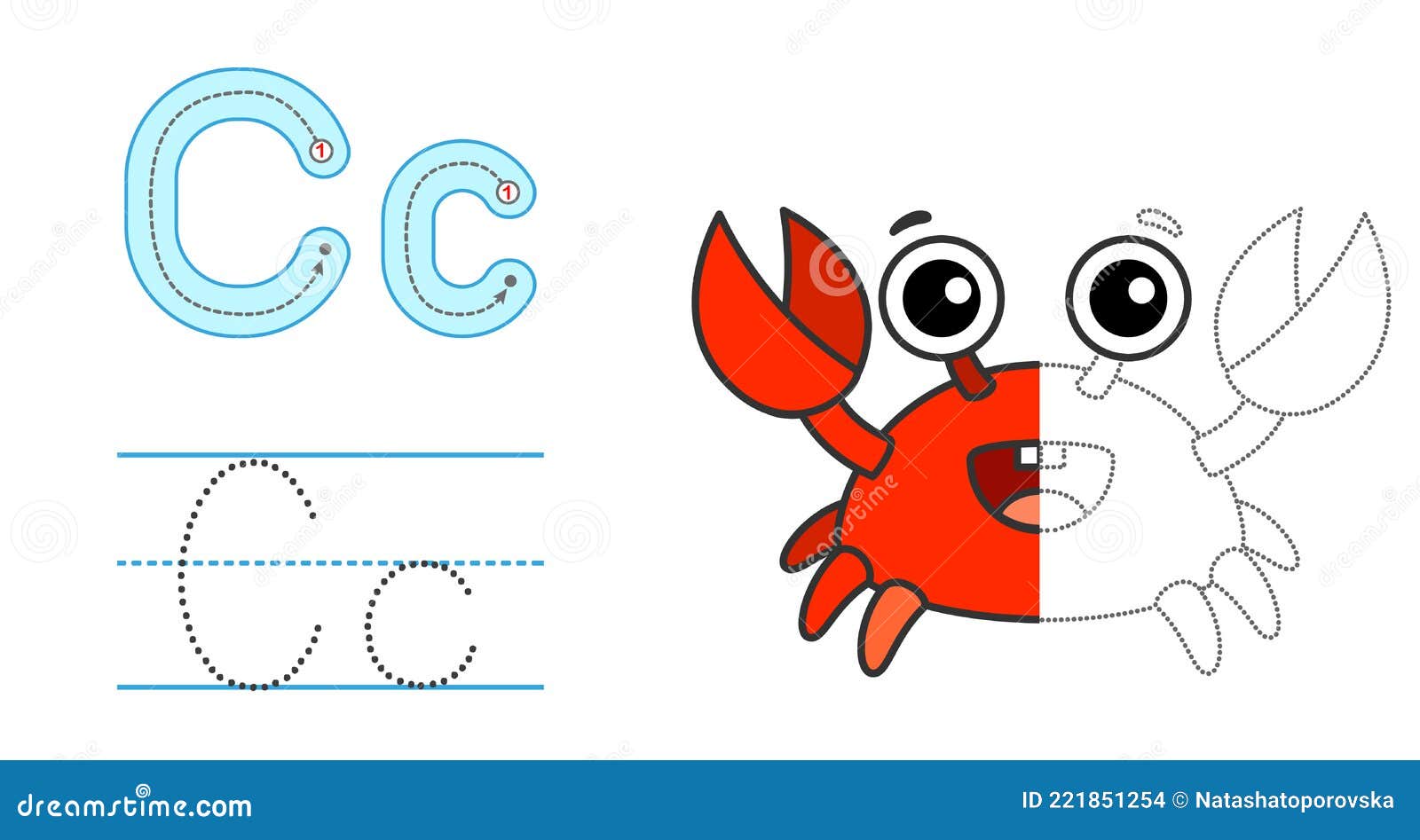 Trace the letter and picture and color it educational children tracing game coloring alphabet letter c and funny crab stock vector