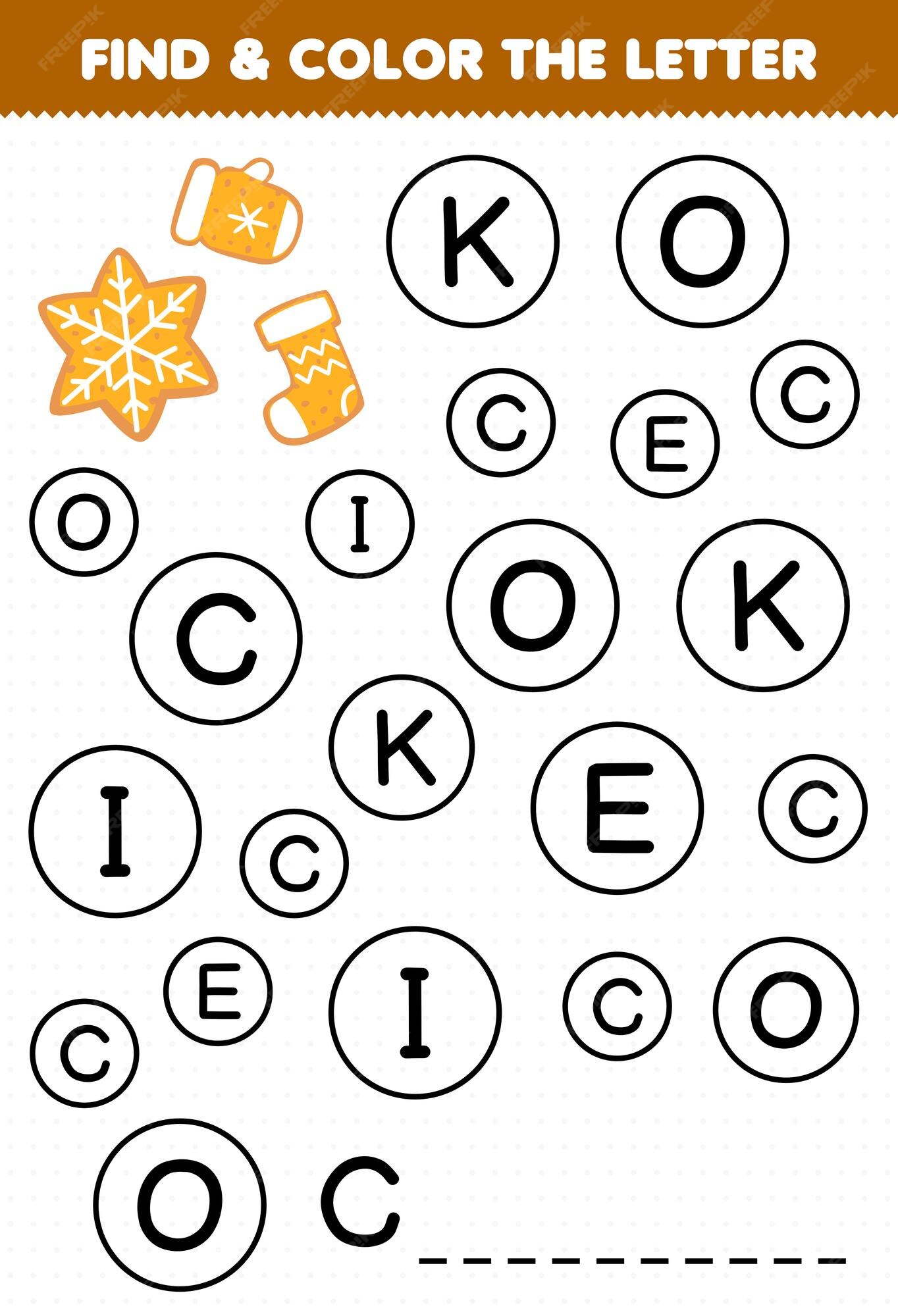 Premium vector education game for children find and color letter c for cookie printable winter worksheet