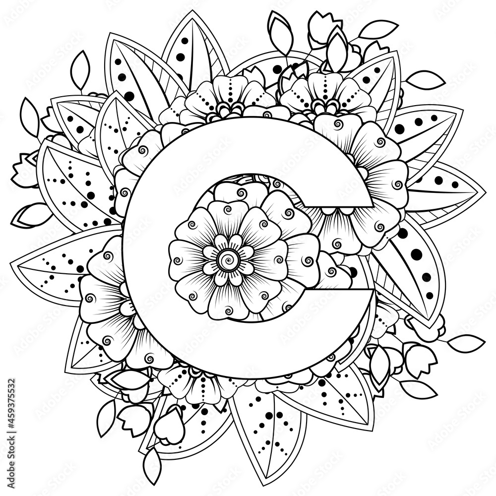 Letter c with mehndi flower decorative ornament in ethnic oriental style coloring book page