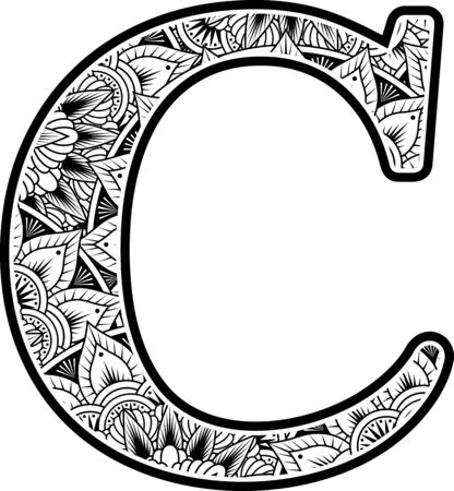 Capital letter c with abstract flowers ornaments in black and white design inspired from mandala art style for coloring isolated on white background