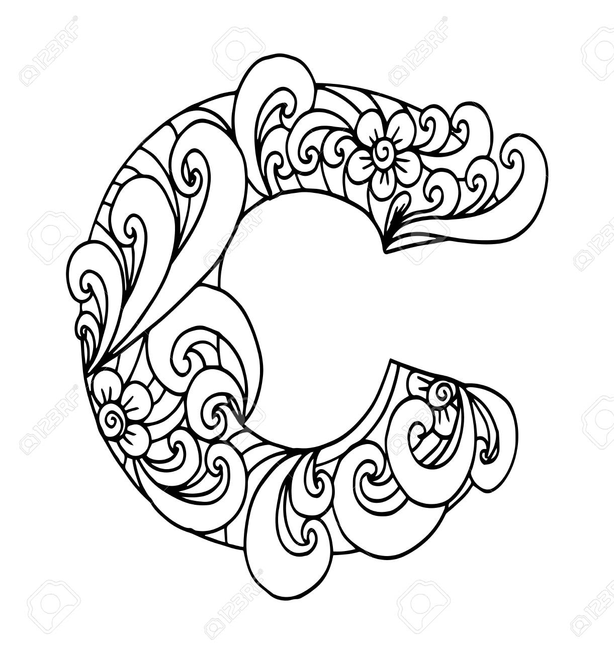 Stylized alphabet letter c in doodle style hand drawn sketch font vector illustration for coloring page makhendas or decoration royalty free svg cliparts vectors and stock illustration image