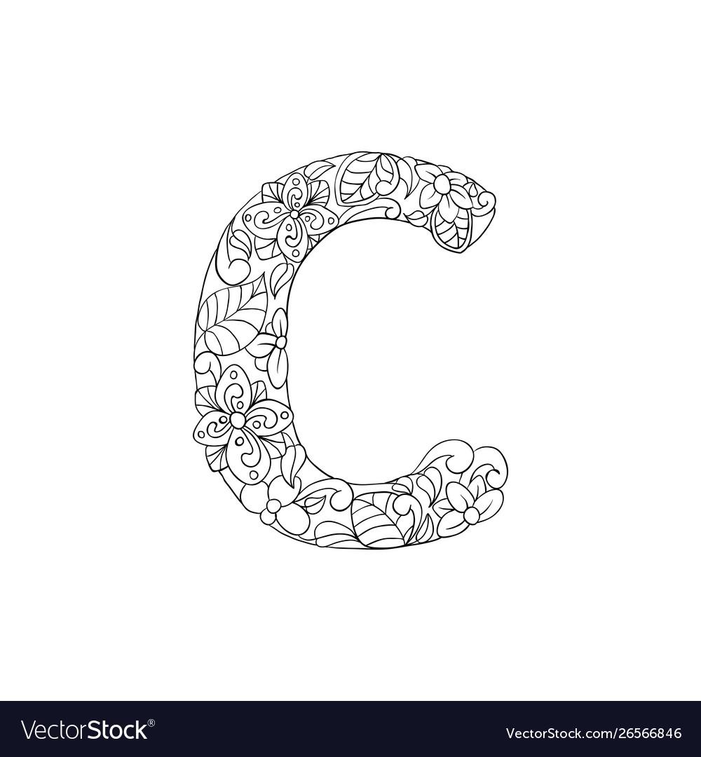 Coloring book ornamental alphabet letter c font vector image