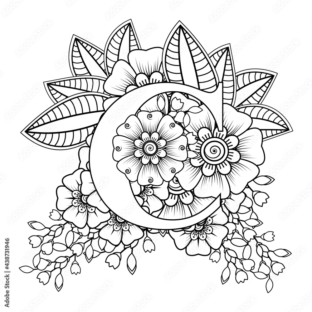 Letter c with mehndi flower decorative ornament in ethnic oriental style coloring book page vector