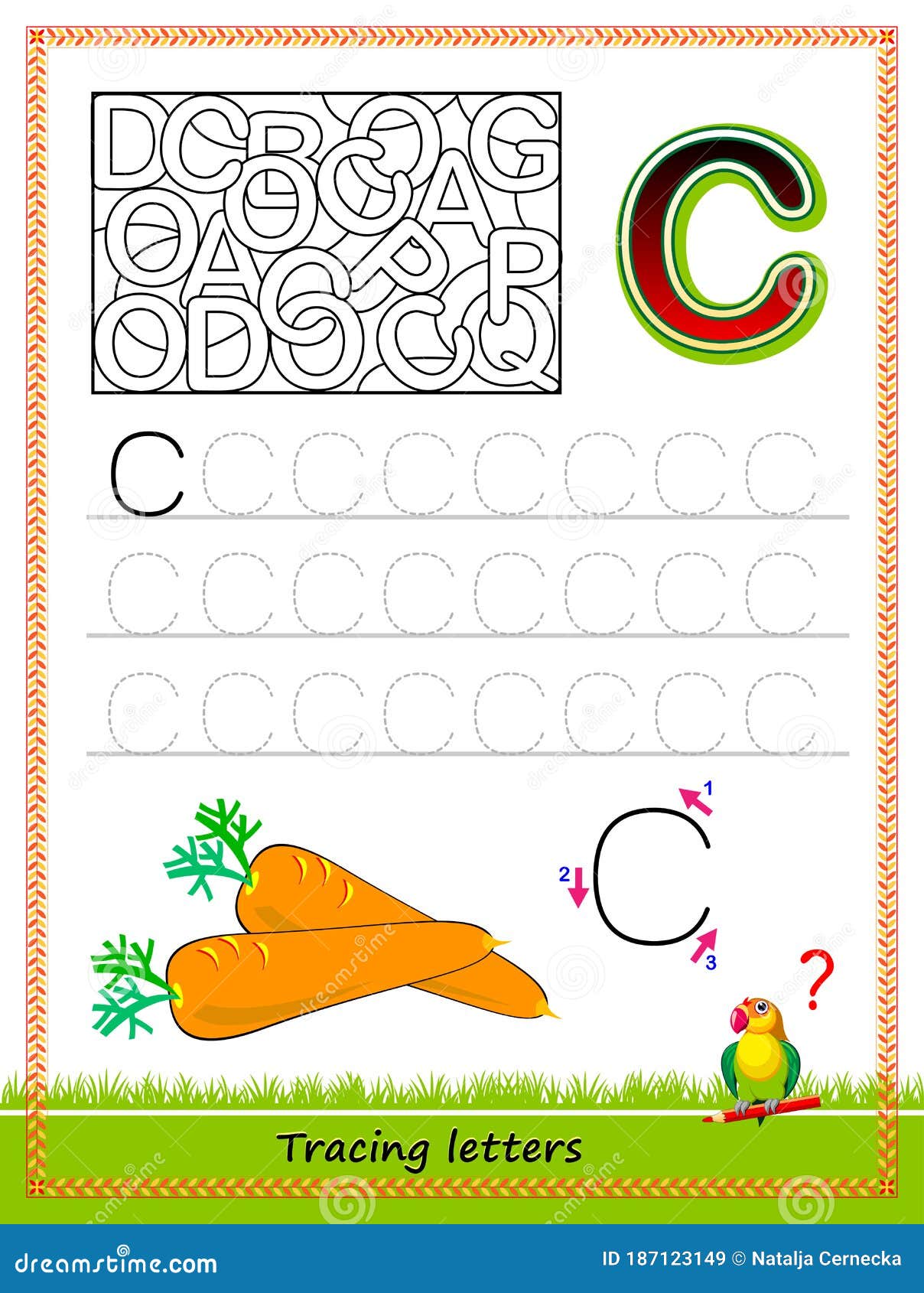 Worksheet for tracing letters find and paint all letters c kids activity sheet educational page for children coloring book stock vector