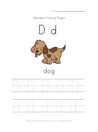 Letter d tracing page with picture of a dog all kids network