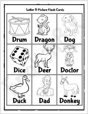 Letter d picture flash cards printable