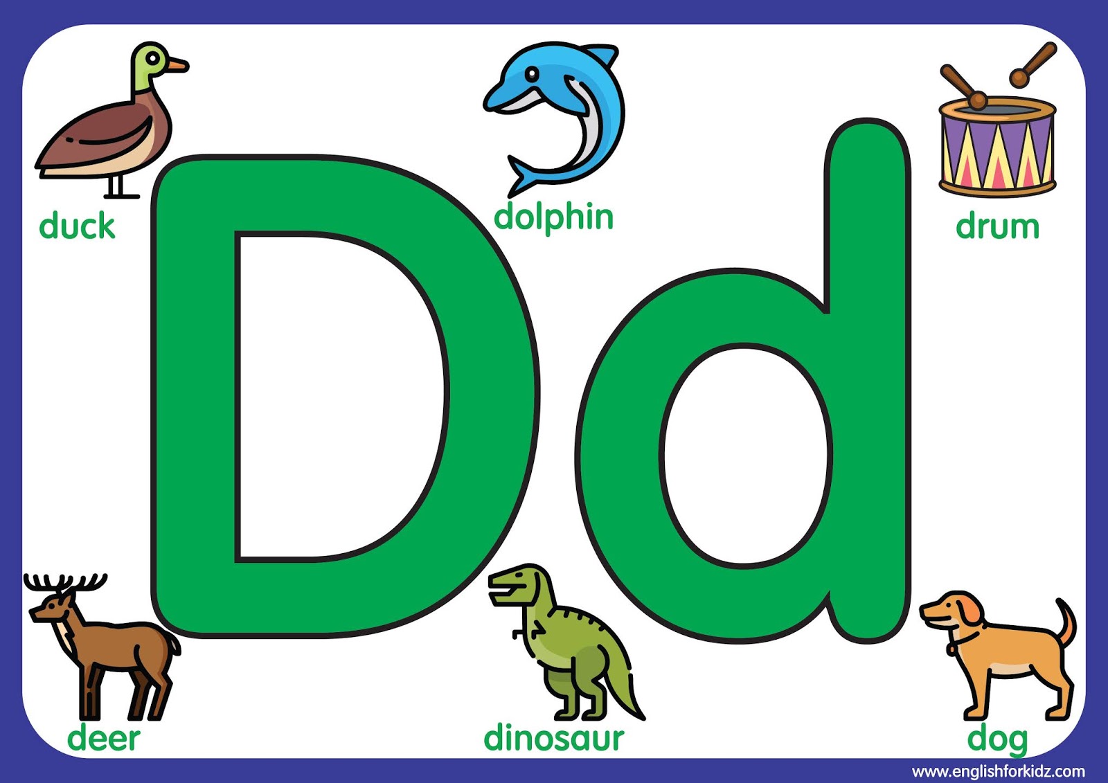 English for kids step by step letter d worksheets flash cards coloring pages