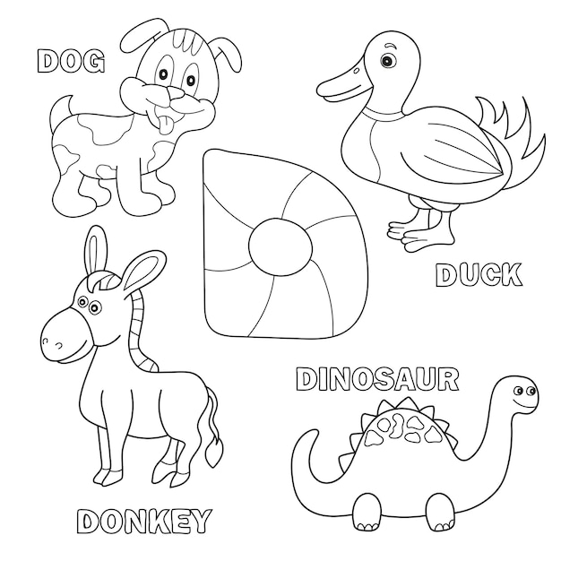 Premium vector kids alphabet coloring book page with outlined clip arts letter d