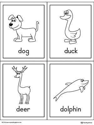Letter d words and pictures printable cards dog duck deer dolphin vocabulary cards lettering abc coloring pages