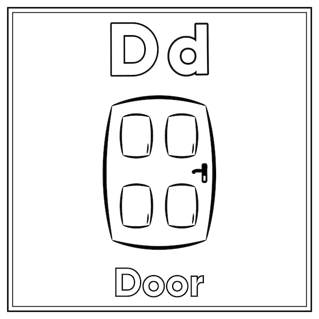Premium vector alphabet flashcard letter d with cute door drawing sketch for coloring