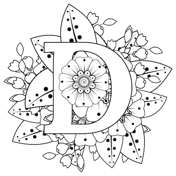 Premium vector letter d with mehndi flower decorative ornament in ethnic oriental style coloring book page