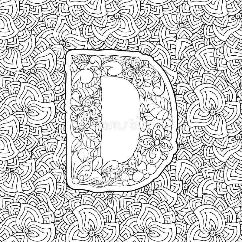 Coloring book ornamental alphabet letter d font stock vector