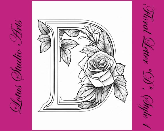 Floral letter d coloring page style downloadable printable alphabet coloring page for adults and teens great for craft projects