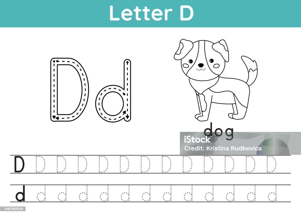 Alphabet abc az exercise coloring page trace letter d vocabulary for coloring book cute kawaii dog printable activity worksheet educational game vector illustration stock illustration