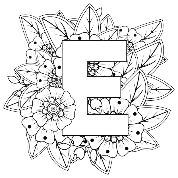Premium vector letter e with mehndi flower decorative ornament in ethnic oriental style coloring book page