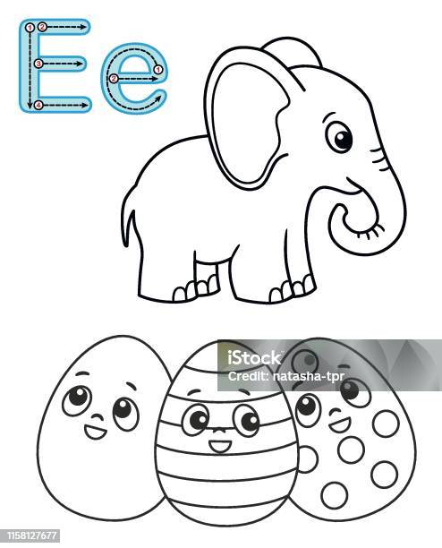 Letter e elephant easter egg vector coloring book alphabet printable coloring page for kindergarten and preschool stock illustration