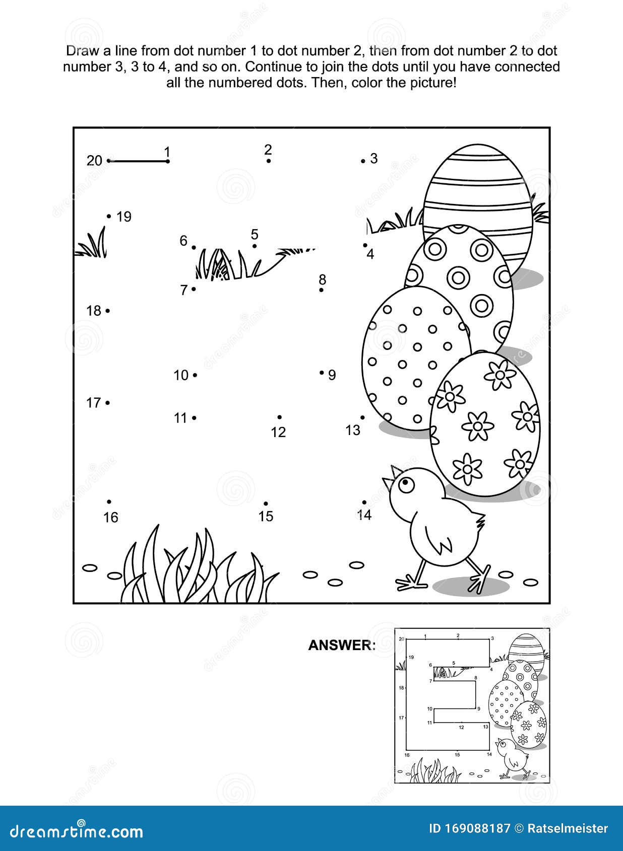 Connect the dots and coloring page with letter e frog and fish stock vector