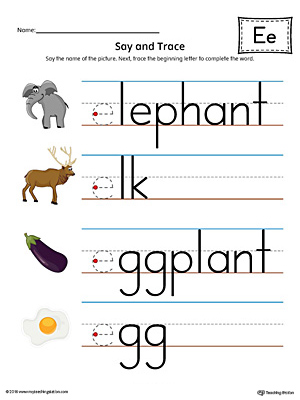 Say and trace short letter e beginning sound words worksheet color