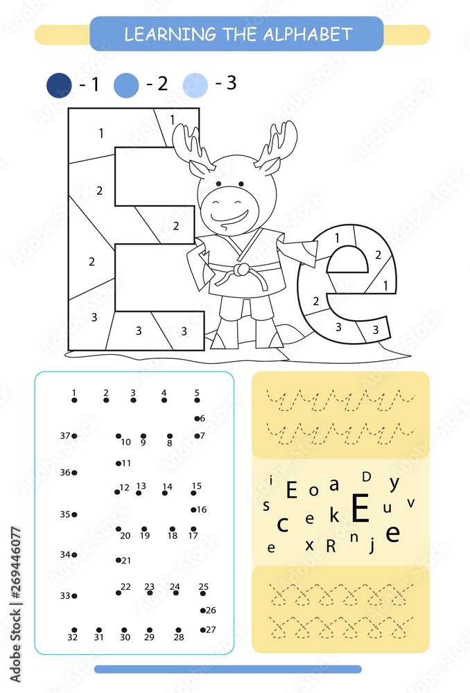 Letter e and funny cartoon elk animals alphabet a