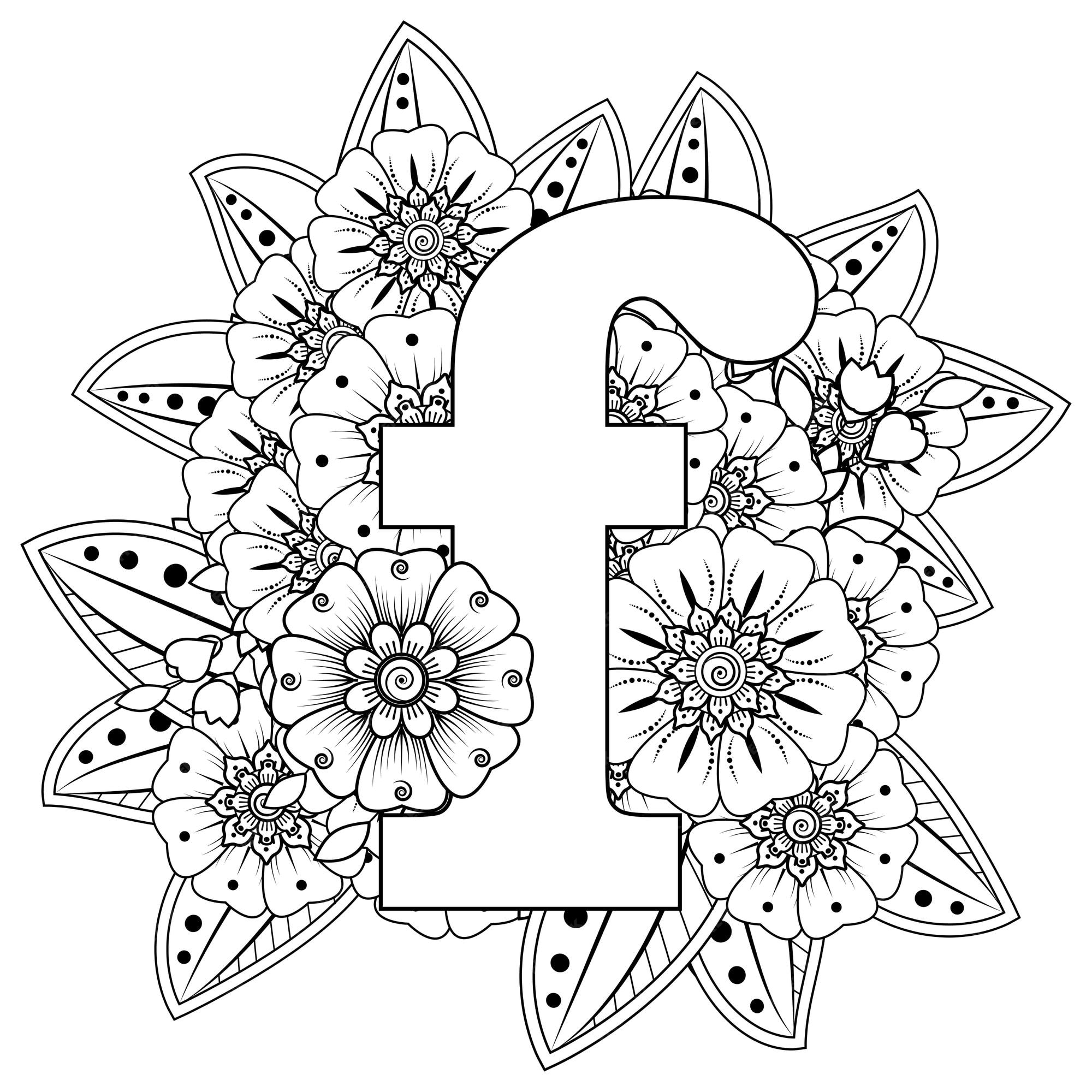 Premium vector letter f with mehndi flower decorative ornament in ethnic oriental style coloring book page
