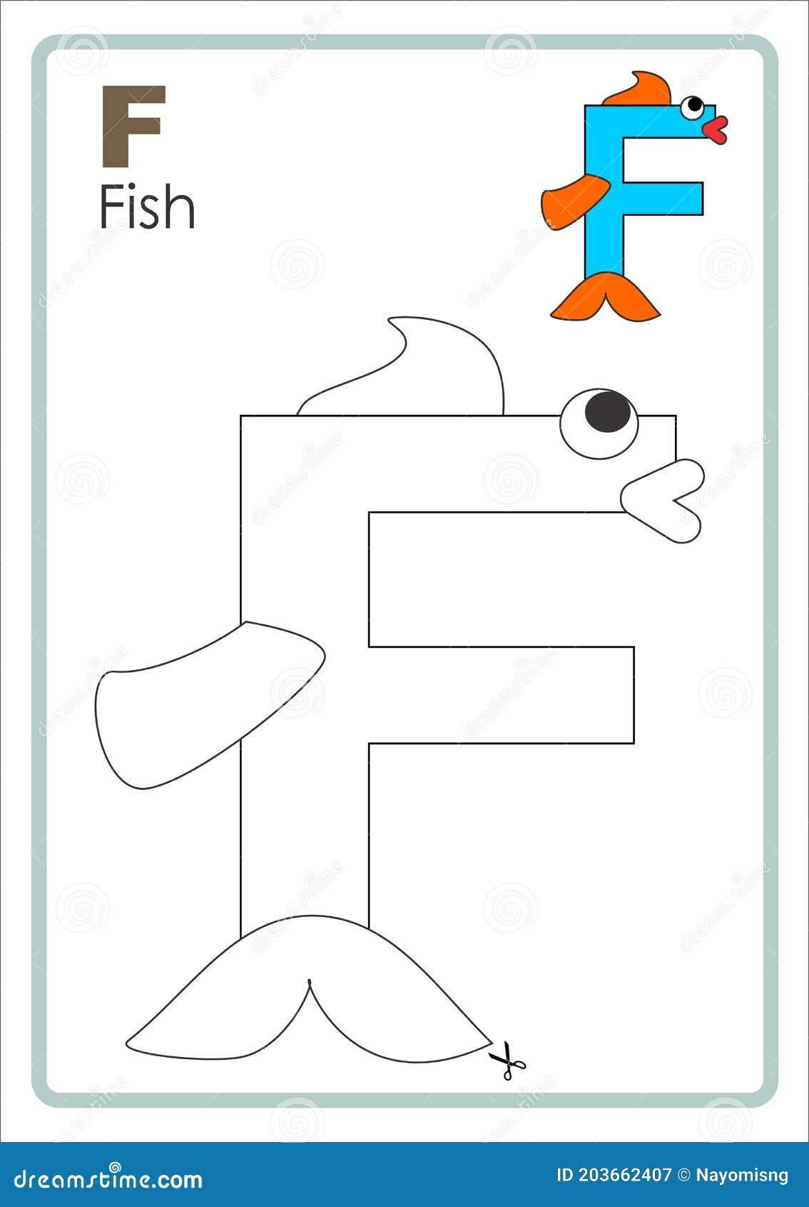 Alphabet picture letter f colouring page fish craft stock illustration