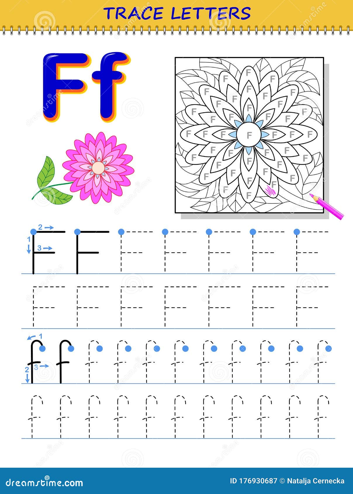 Tracing letter f for study alphabet printable worksheet for kids education page for coloring book stock vector