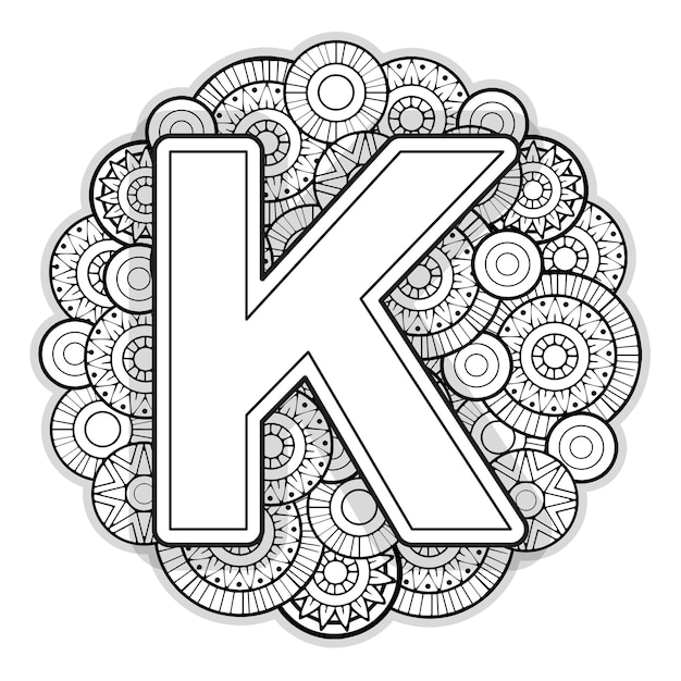 Premium vector vector coloring page for adults contour black and white capital english letter k on a mandala background
