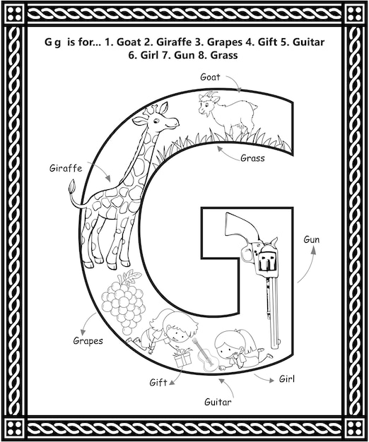 Premium vector alphabet g letter coloring book with cartoon vocabulary learning activity worksheet for kids
