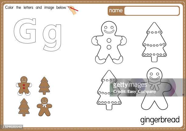 Vector illustration of kids alphabet coloring book page with outlined clip art to color letter g for gingerbread high