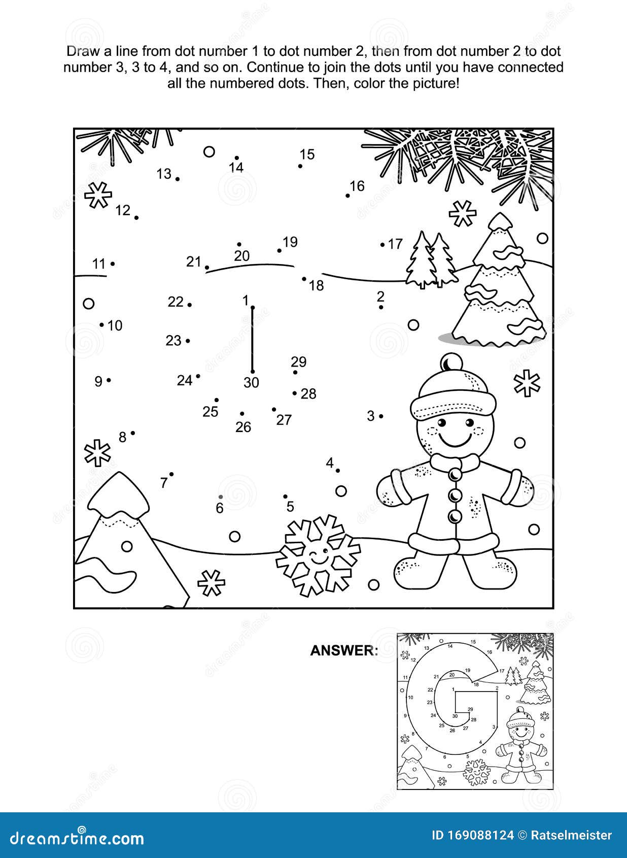 Connect the dots and coloring page with letter g and gingerbread girl stock vector