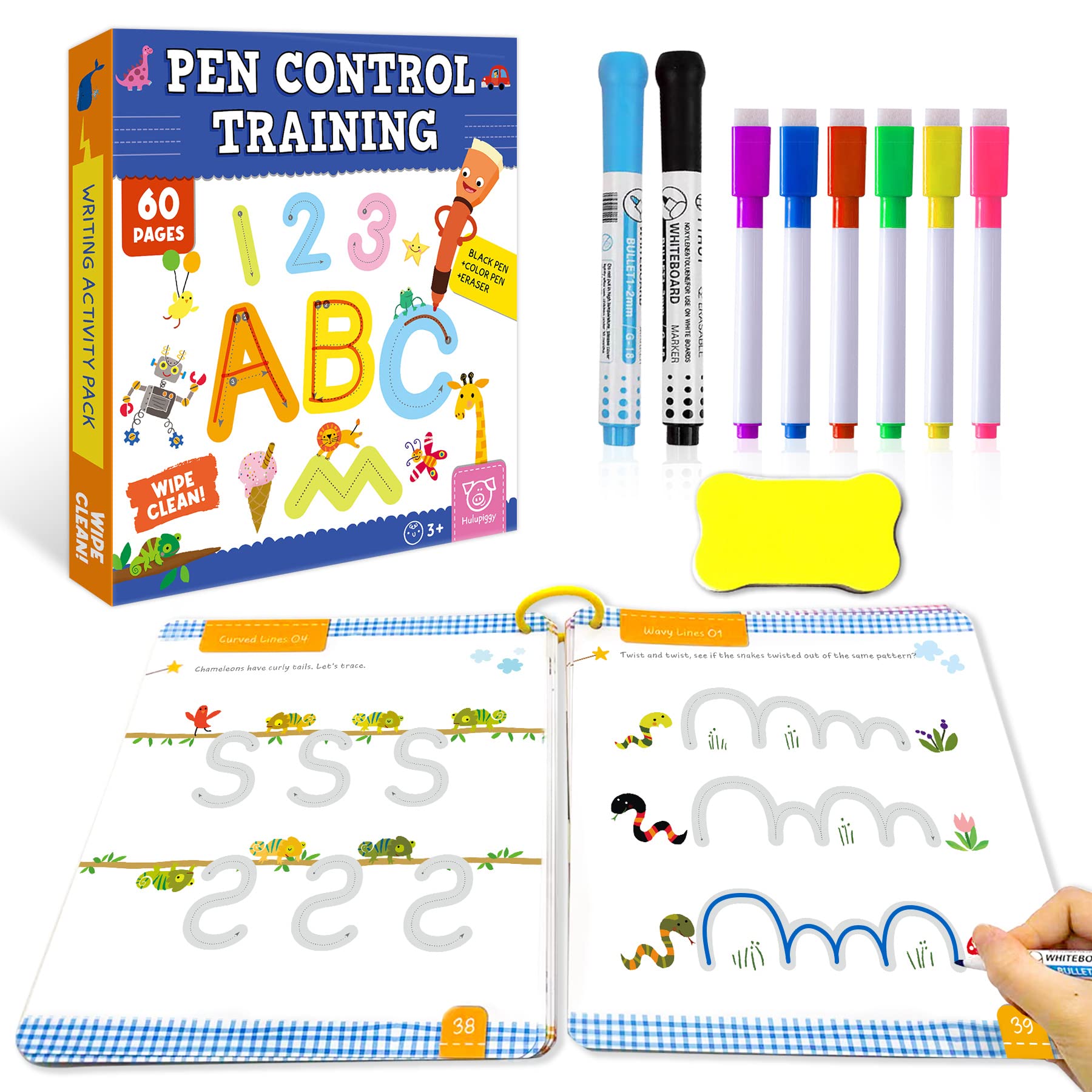 Hulupiggy preschool learning activities reusable pages tracing letter number handwriting practice book for kids montessori autism educational fine motor toddler learning toys for year olds toys games