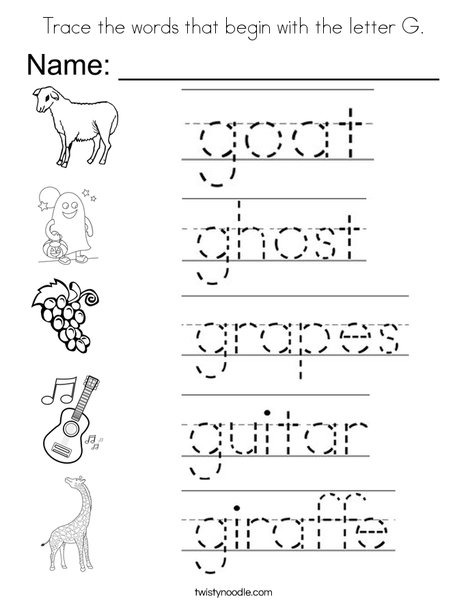 Trace the words that begin with the letter g coloring page