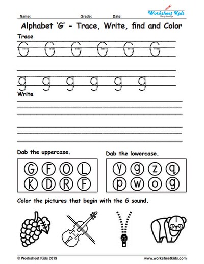 Alphabet letter g trace write find color
