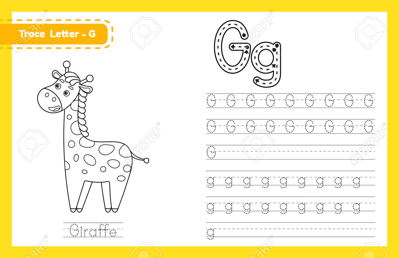 Trace letter g uppercase and lowercase alphabet tracing practice preschool worksheet for kids learning english with cute cartoon animal coloring book for pre k kindergarten vector illustration royalty free svg cliparts vectors
