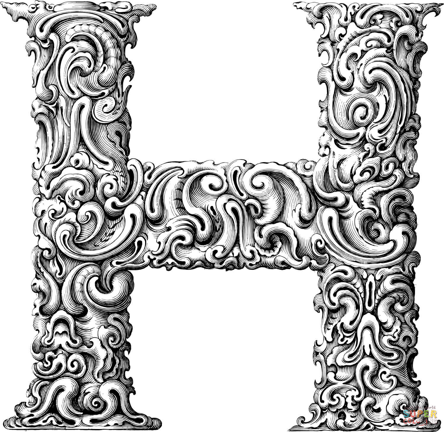 Elegant flourish letter h coloring page free printable coloring pages